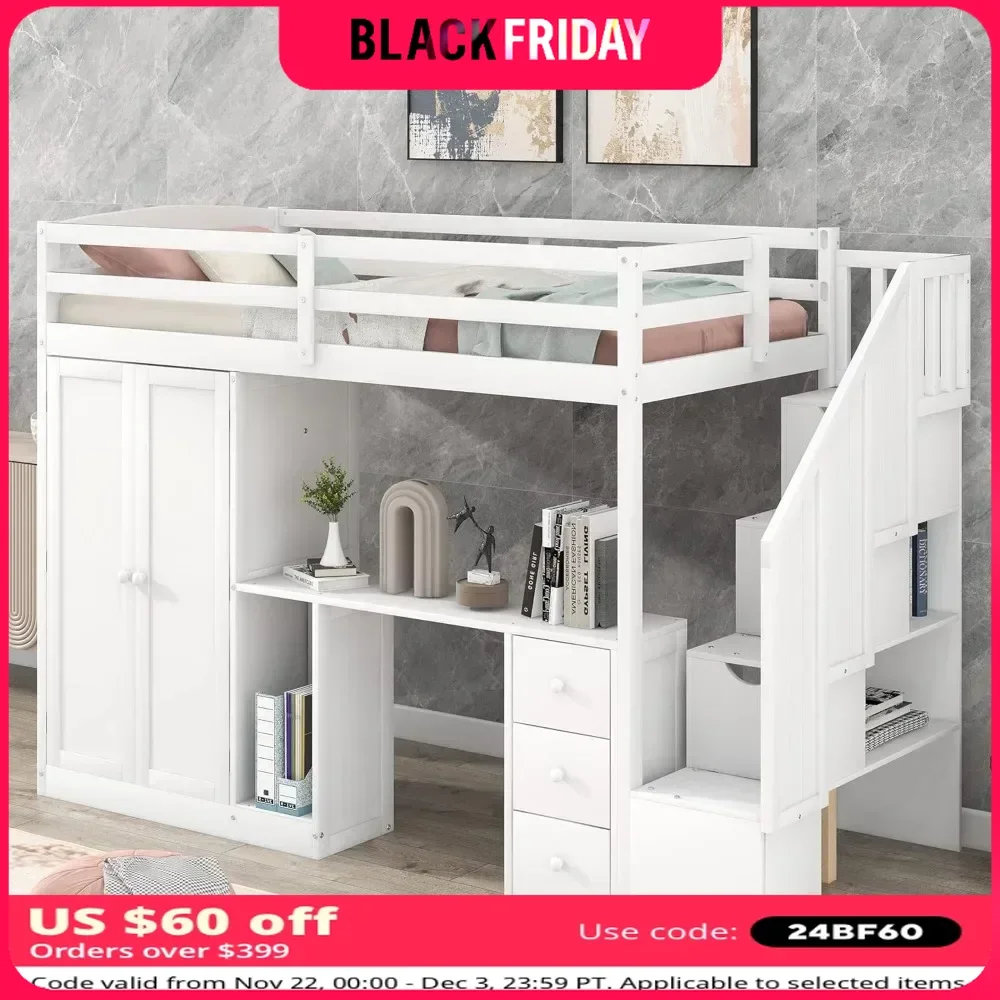 Loft Bed ,with Wardrobe,6 Storage Staircase, 3 Drawers and Cabinet, Twin Size Loft Beds for Family, Teens, Wood Bunk Bed Frame