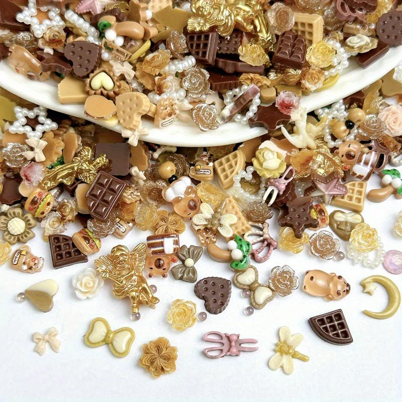 50pcs Resin Coffee Hollow Pearl Bow Biscuits Cartoon Nail Art Jewelry Phone Case Hairpin Diy Decoration Material Accessory