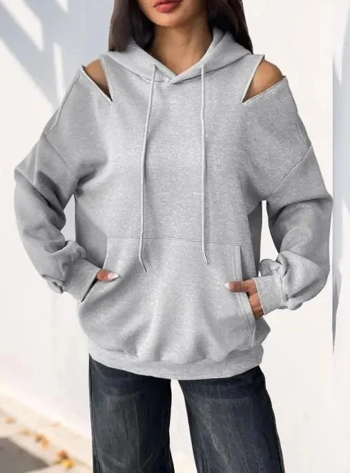 

New Women's Long-Sleeve Drawstring Hooded Sweater Female Daily Clothes High-Grade Gray Off-Shoulder Pullover Top with Pockets