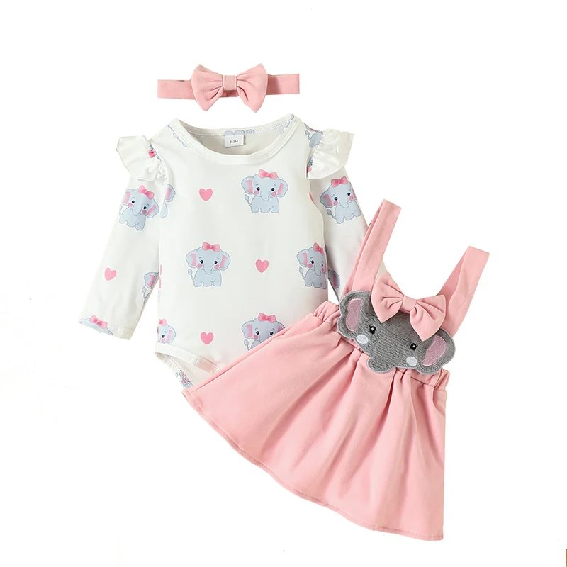 

0-18 Months Baby Girls Clothes Sets White Long Sleeve Print Bodysuits Cartoon Elephant Halter Skirt With Bow 3Pcs Infant Suits