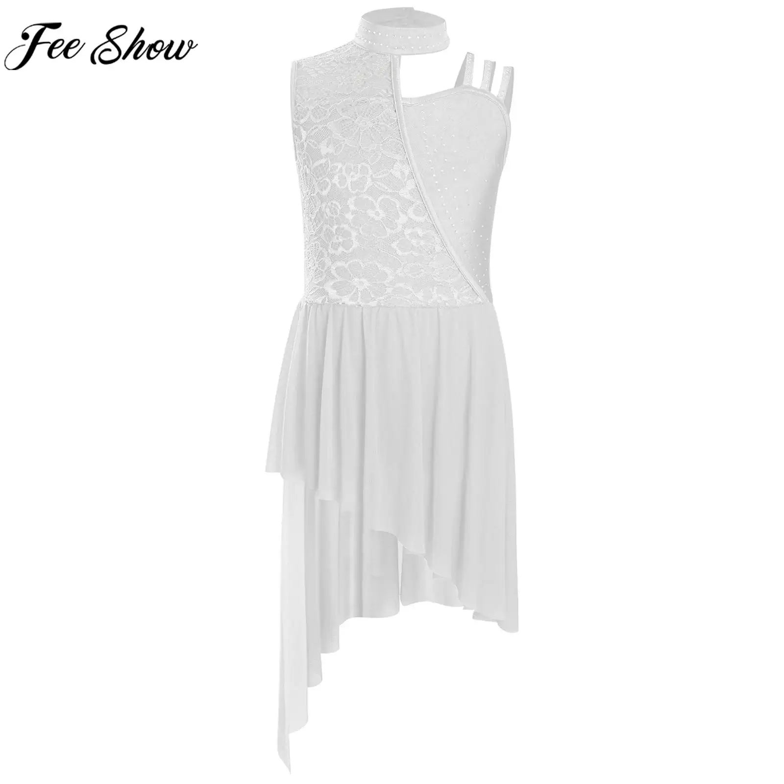 

Kids Girls Lyrical Dance Dress Sleeveless Floral Lace Rhinestone Leotard Dresses for Figure Skating Gymnastics Acrobatics Ballet