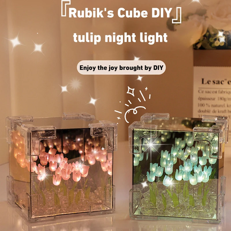 

20PCS Tulip Nightlight Handmade New DIY Material Cube Tulip Simulation Flower Material Package Bedroom Sleeping Birthday Gift