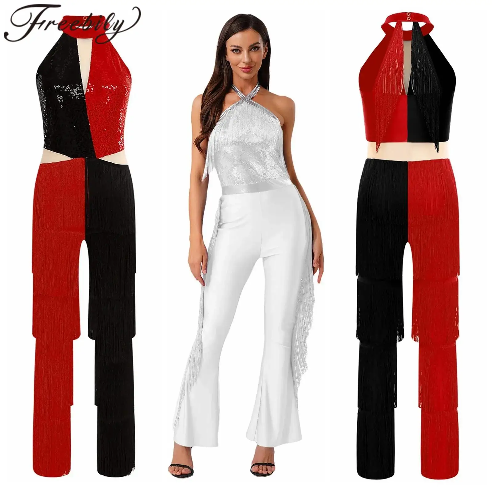 

Women's Party Jumpsuit Sequin Tassel Clubwear Dancewear 70s Disco Jazz Dance Costume Shiny Fringe Pants Retro Hippie Outfits