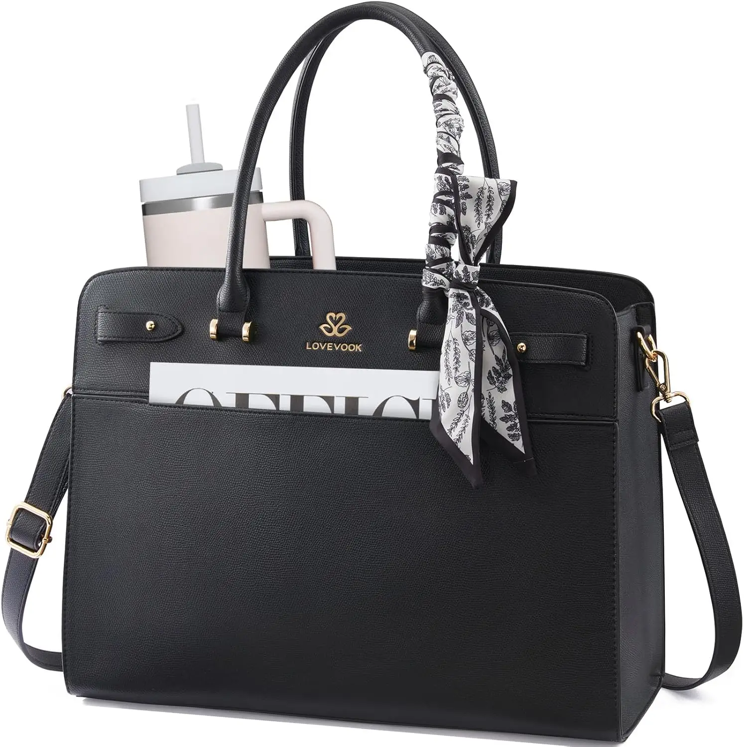 Waterproof PU Leather Laptop Tote Bag for Women, Business Work Briefcase with Silk Scarf