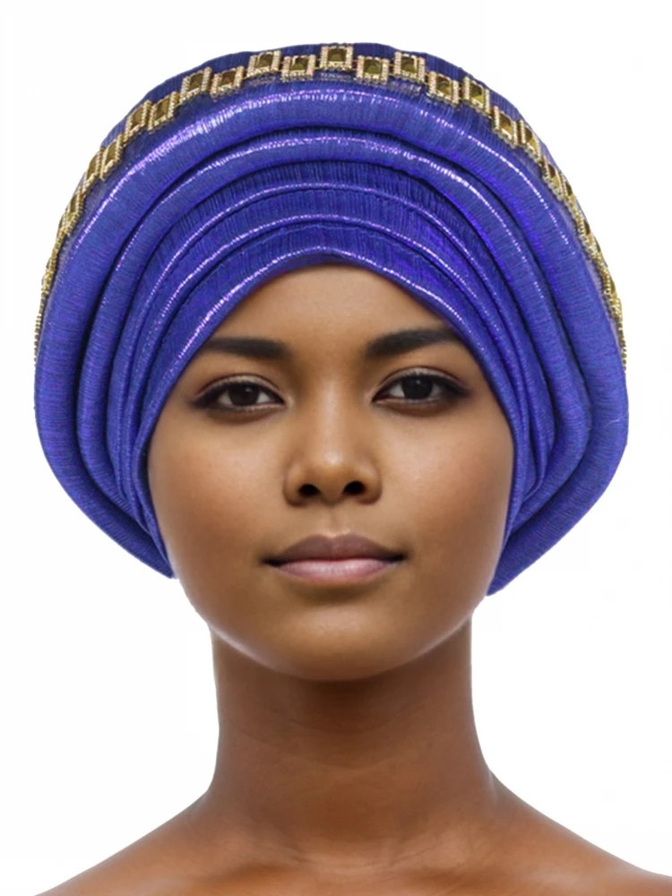 Twisted Braid Turban Cap For Women African Lady Head Wraps Diamonds Nigeria Raw Silk Autogele Headtie Muslim Hat Party Headwear