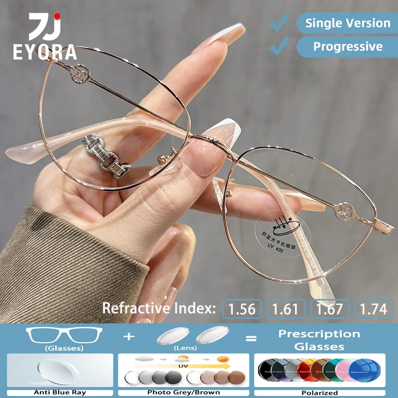 

EYORA Luxury Metal Cat Eye Reading Glasses for Women Myopia and Hyperopia Anti Blue Ray Progressive Photochromic Glasses Lenses
