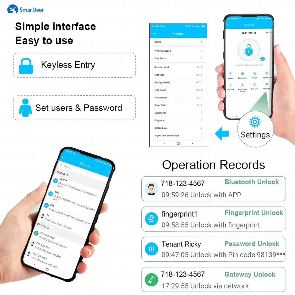 SmarDeer Electronic lock for TTLock smart lock with Alaxe and Google Assistant voice control Unlocking via Fingerprint/Code/RFID