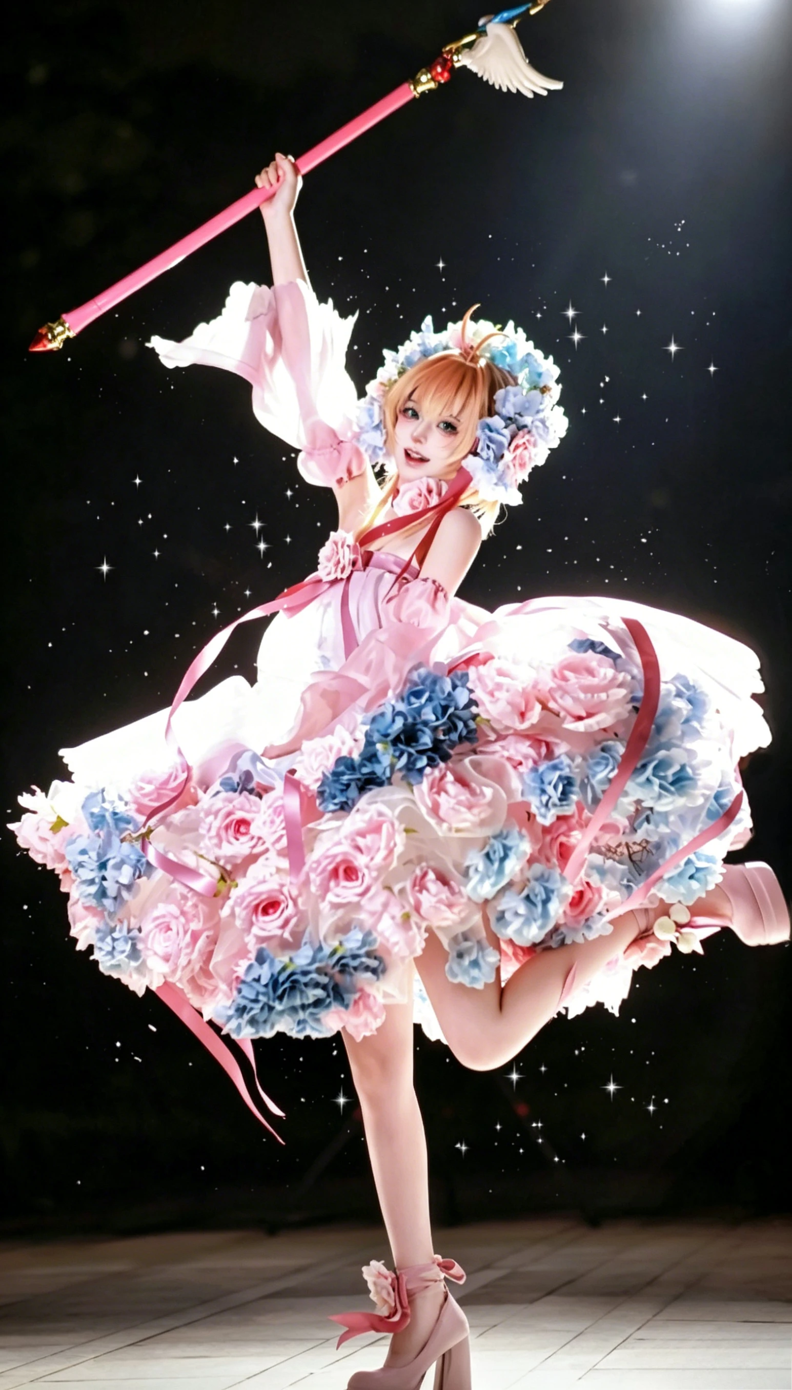 

Cardcaptor Sakura Sakura Kinomoto Cosplay Costume Pink and blue floral wedding dress, full set cosplay women's clothing