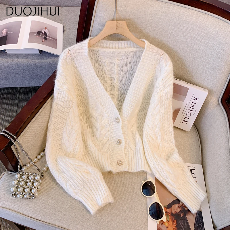 DUOJIHUI Chic V-neck Simple Spell Color Female Cardigan Autumn New Basic Long Sleeve Fashion Casual Knit Sweater Women Cardigan