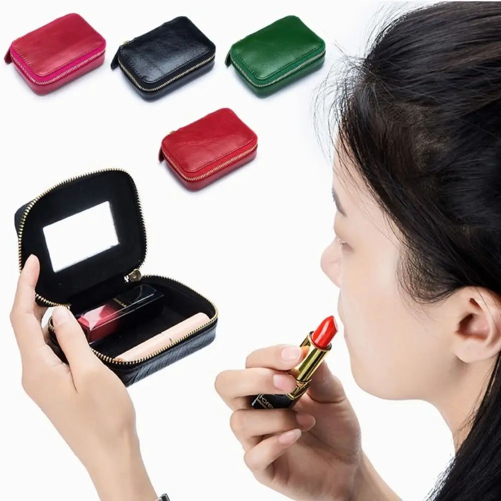 Lady Genuine Leather Lipstick Square Small Bag with Mirror Cowhide Cute Makeup Bag for Women\'s Jewelry Box Mini Coin Storage Bag