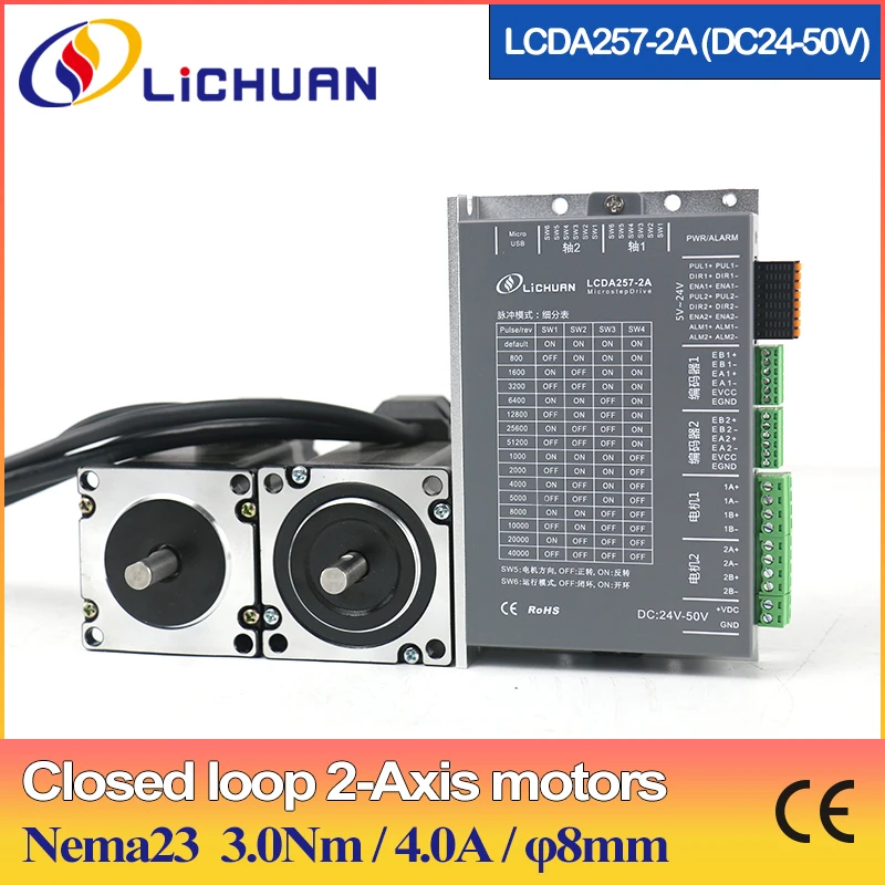 

Lichuan Nema23 Closed Loop 2 Axis Stepper Motor Driver Kit 3Nm LC57H2100 + LCDA257-2A DC24V-50V Driver With 3 Meter Cables