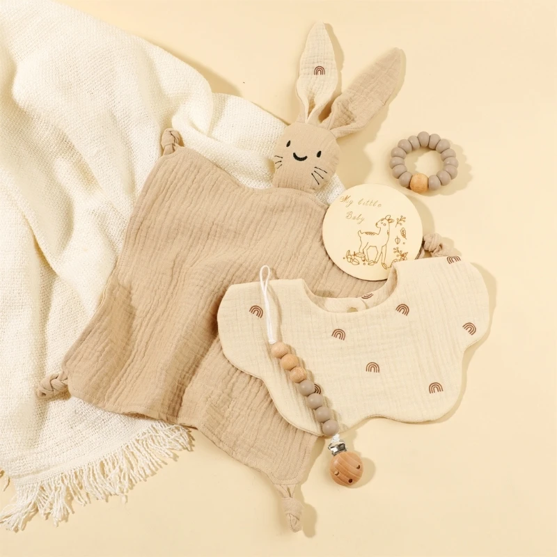 muslin cotton baby comforting towel bunny teether wooden ring newborn pacifier chain baby teether silicone Feeding Bib set