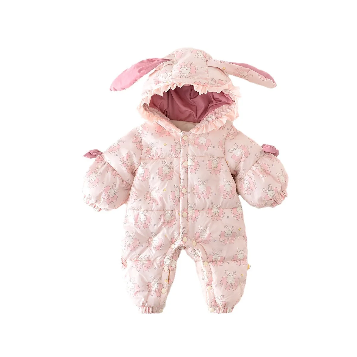 2024 Winter Baby Girls Parkas Floral Cotton Quilted Plus Velvet Hooded Infant Girls Jumpsuit Wam Rabbit Ear Newborn Girls Romper