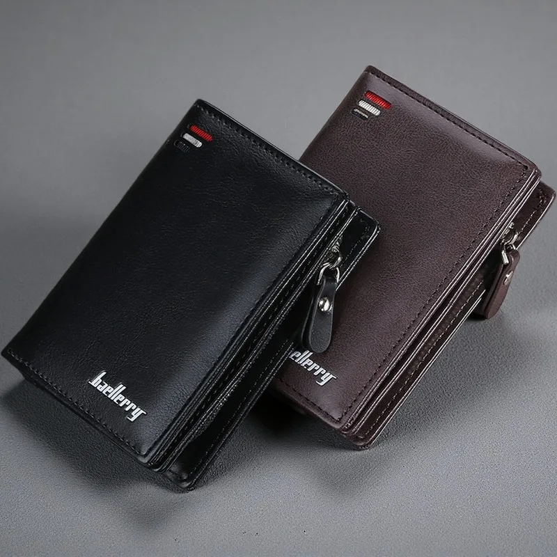 Baellerry Men PU Leather short Wallet With Zipper Coin Pocket Vintage Big Capacity Male Short Money Purse Card Holder