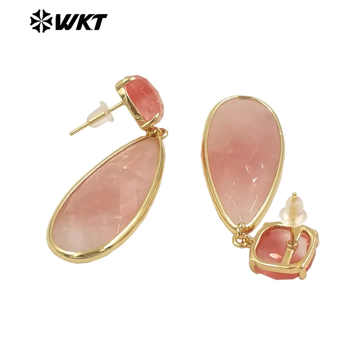 WT-E759 Wholesale Fashion Gold Plated Double Faceted Long Water Drop Dangle Earrings In Natural Stone