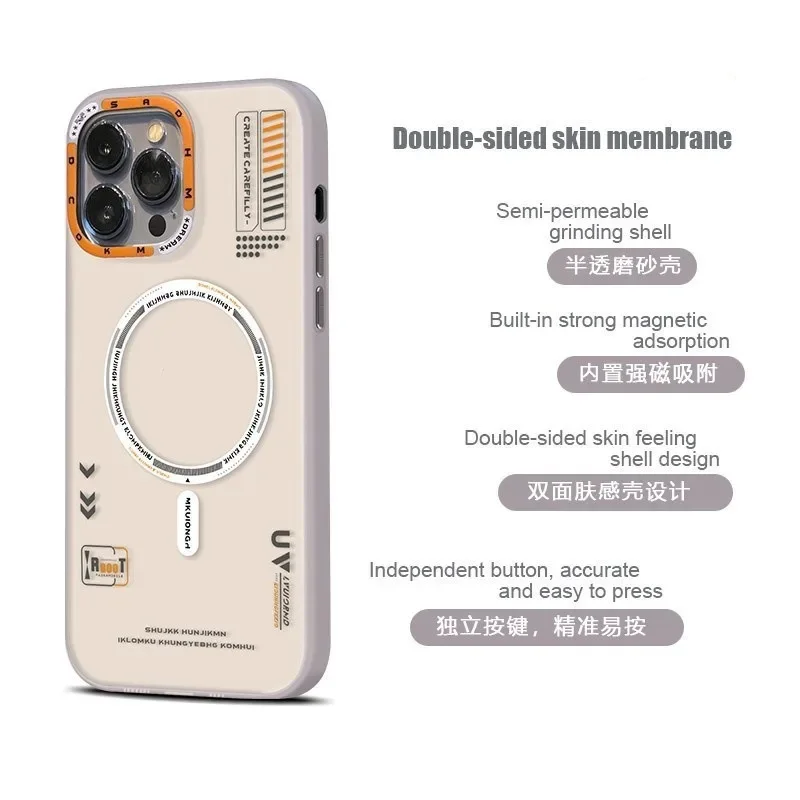 iPhone 16/15/14/13 Pro Max用マット磁気スマホケース、MagSafeワイヤレス充電対応、フロスト加工背面、メタルレンズフレーム、ボタンカバー