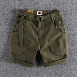 Summer New American Retro Woven Cargo Shorts Men's Fashion 97% Cotton Washed Multi-pocket Casual Loose 5-point Pants with Belt