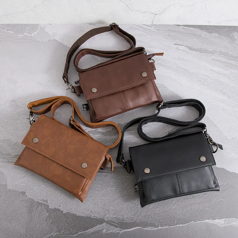 

PU leather single-shoulder bag, lightweight men's flip small crossbody bag, clasp mobile phone storage, simple crossbody bag