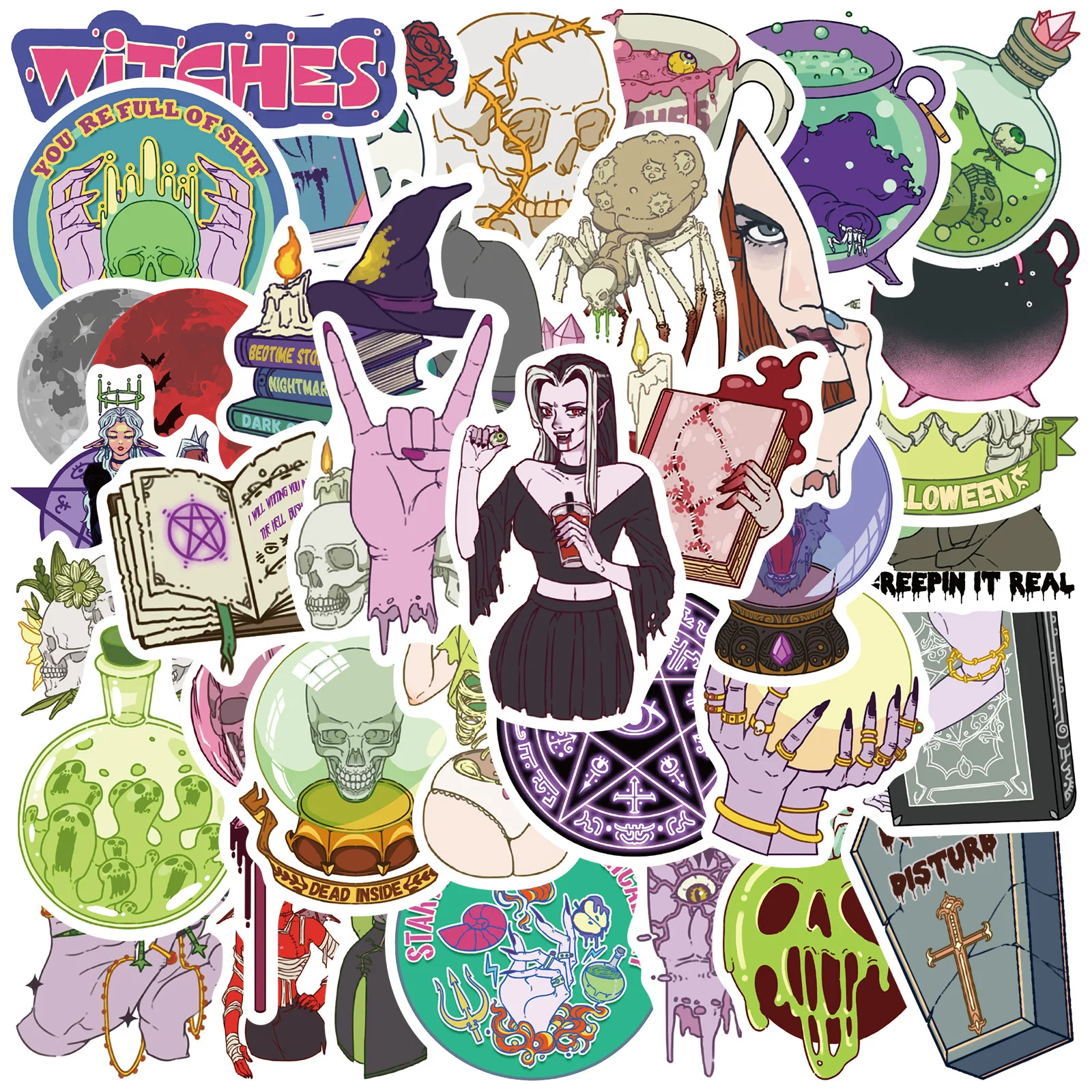 

10/50PCS Thriller Aesthetic Cartoon Potion Witch Skull Sticker Cartoon Cool Creative Decoration Refrigerator Guitar Scrapbook