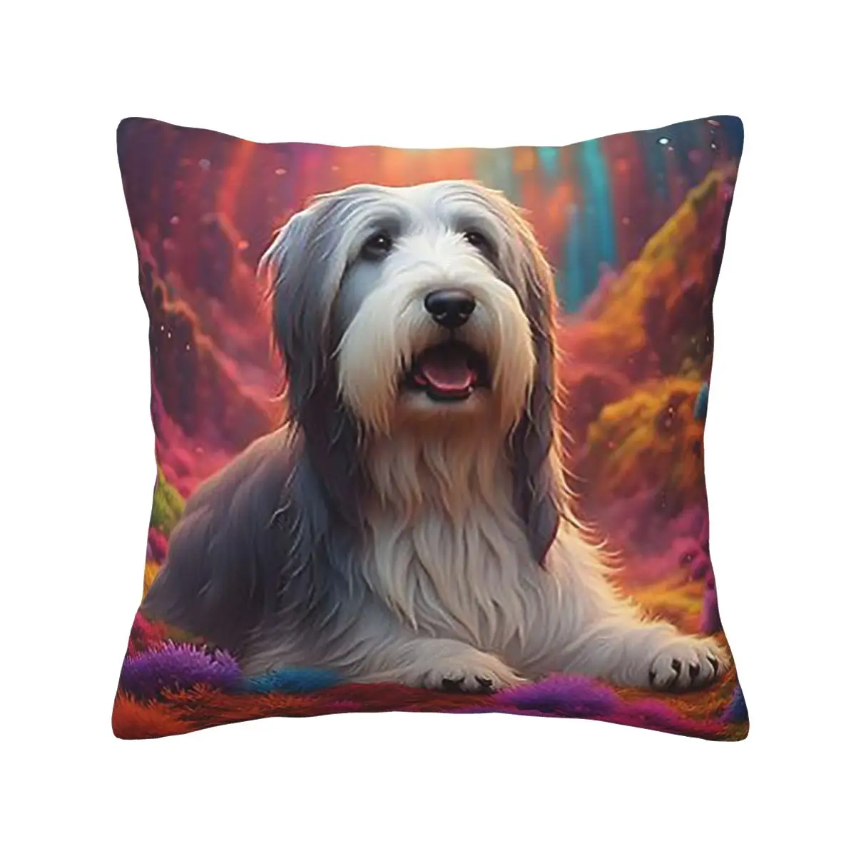 Bearded Collie Dog In Colorful Nature Square Pillowcase Pillow Cover Cushion Zip Decorative Comfort Throw Pillow for Home Car