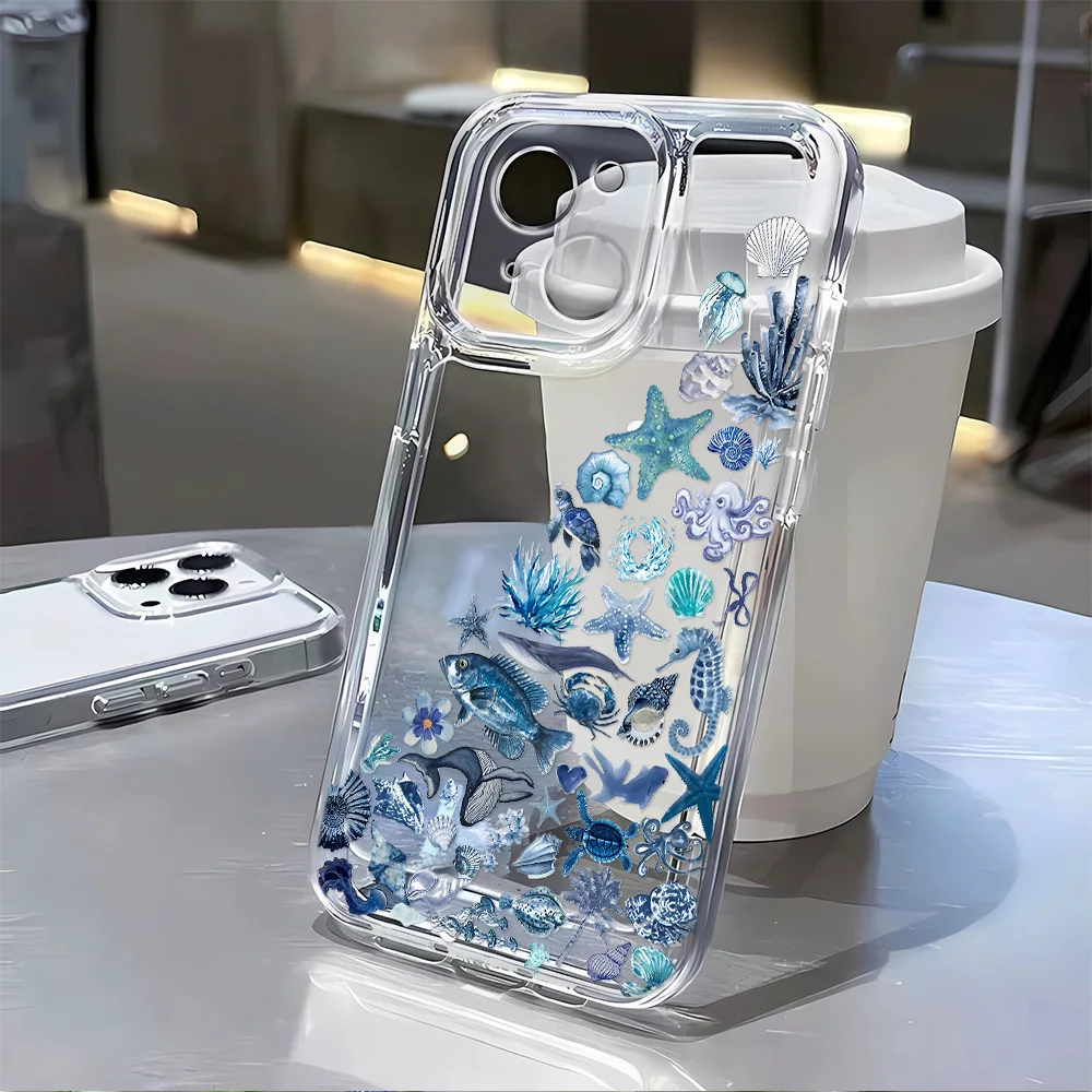오션 쉘 거북이 인쇄 iPhone 16E 16 14 15 11 12 13 Pro Max 7 8 Plus SE 2022 XR XS MAX 충격 방지 커버 용 소프트 케이스 지우기