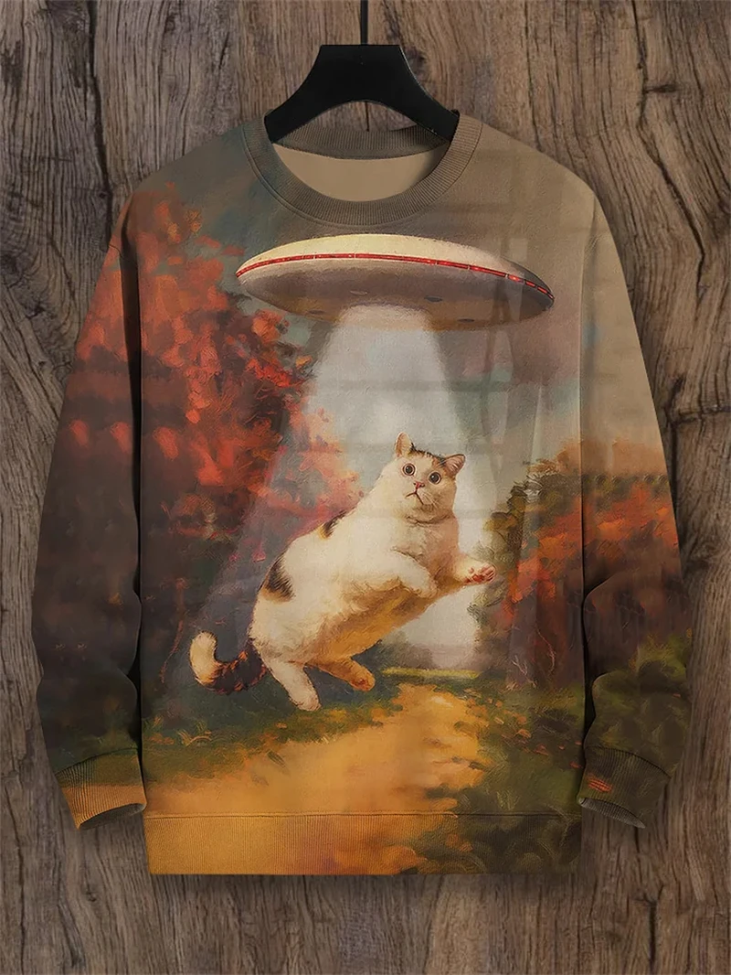 3D Print Cute Cat Graphic Sweatshirt For Men Frog Pattern O-Neck Hoodie Spring Autumn Street Long Sleeved Loose Pullovers New