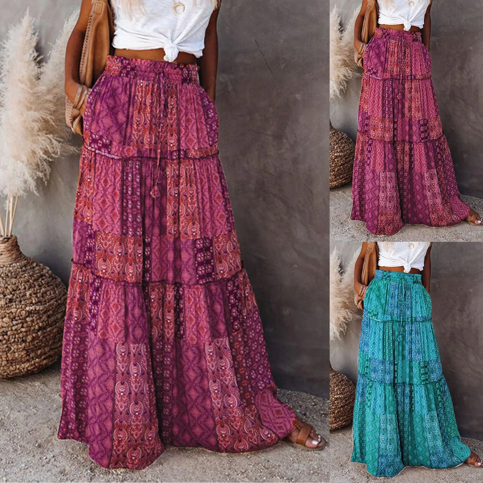 Saia Boho com Elástico na Cintura Feminina, Saias Longas e Flowy com Bolsos, Saias Boêmias para senhoras, Verão, 2024