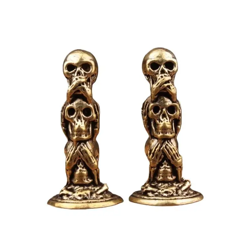 1PC Brass Three-Tier Skull Head Sculpture – Vintage Punk Desktop Ornament and Miniature Decorative Figure