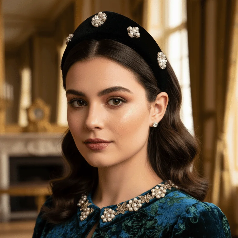 

Elegant Velvet Triangle Headband British Wide Edge Rhinestone Pearls Hairband European American Style Headwear Crown Hair Hoop