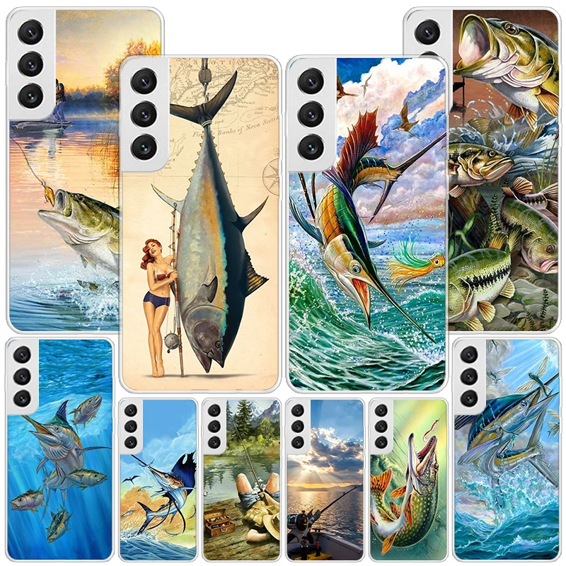 Offshore Angling Fishing Fish Rod Phone Case For Samsung Galaxy S24 S23 S22 S21 Ultra S10 Plus S20 FE S10E S9 S8 + Soft Cover