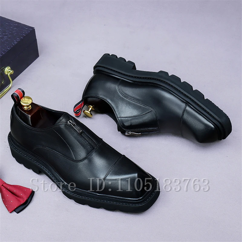 

Square Toe Medium Zipper Men Leather Shoes Luxury Handmade Cowhide Thick Soled Height Increasing Business Formal Shoes