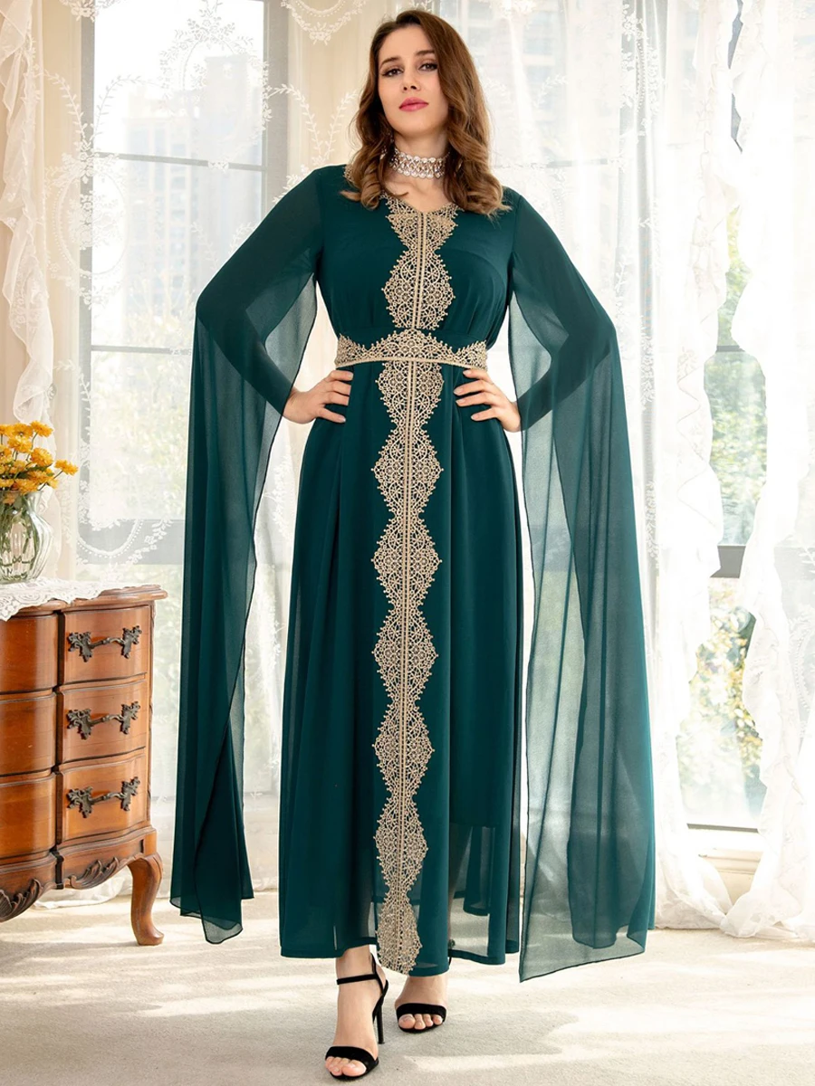 

Chiffon Kaftan for Women, Long Arabic Dress, Cape Sleeves, Arabian Evening Party Gown, Banquet Caftan, Muslim Ramadan Eid Abaya