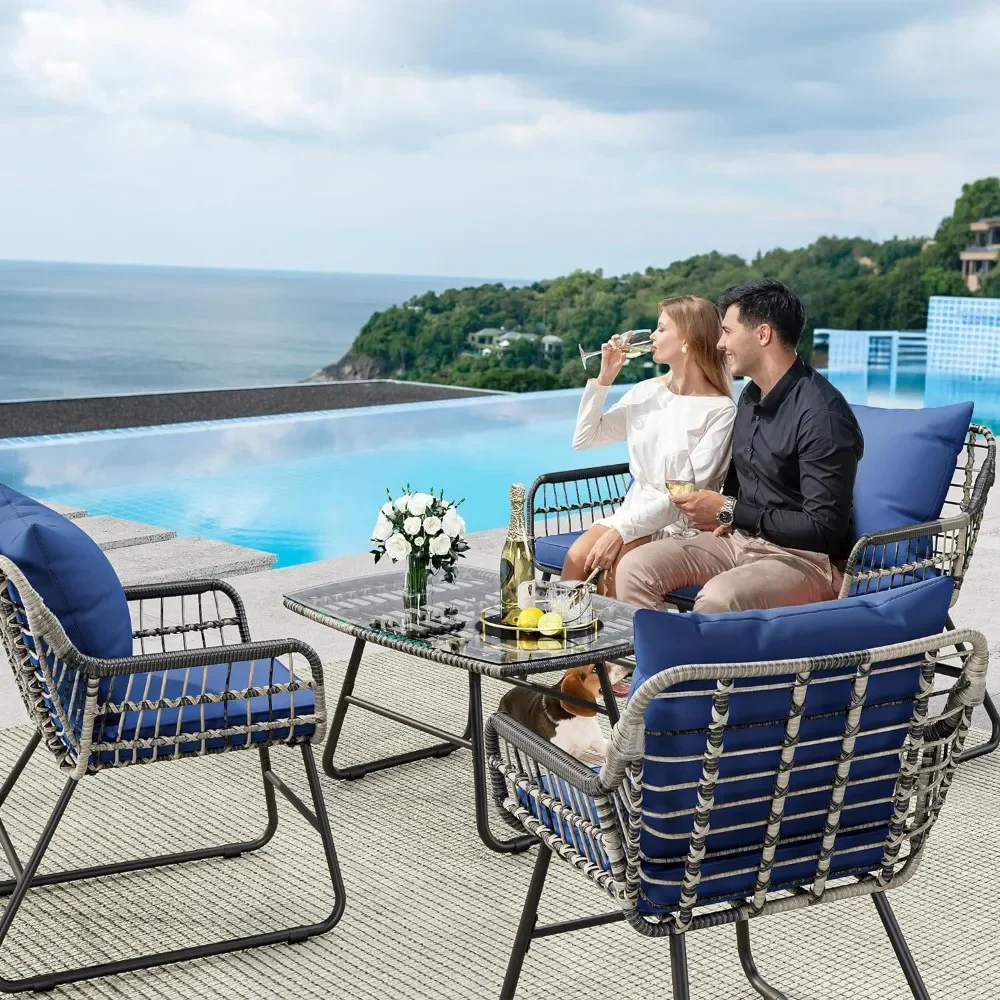 WUNICEF-Ensemble de bistrot d'extérieur en rotin tous temps, chaise causeuse de conversation, bleu marine, balcon d'arrière-cour, meubles, 4 pièces