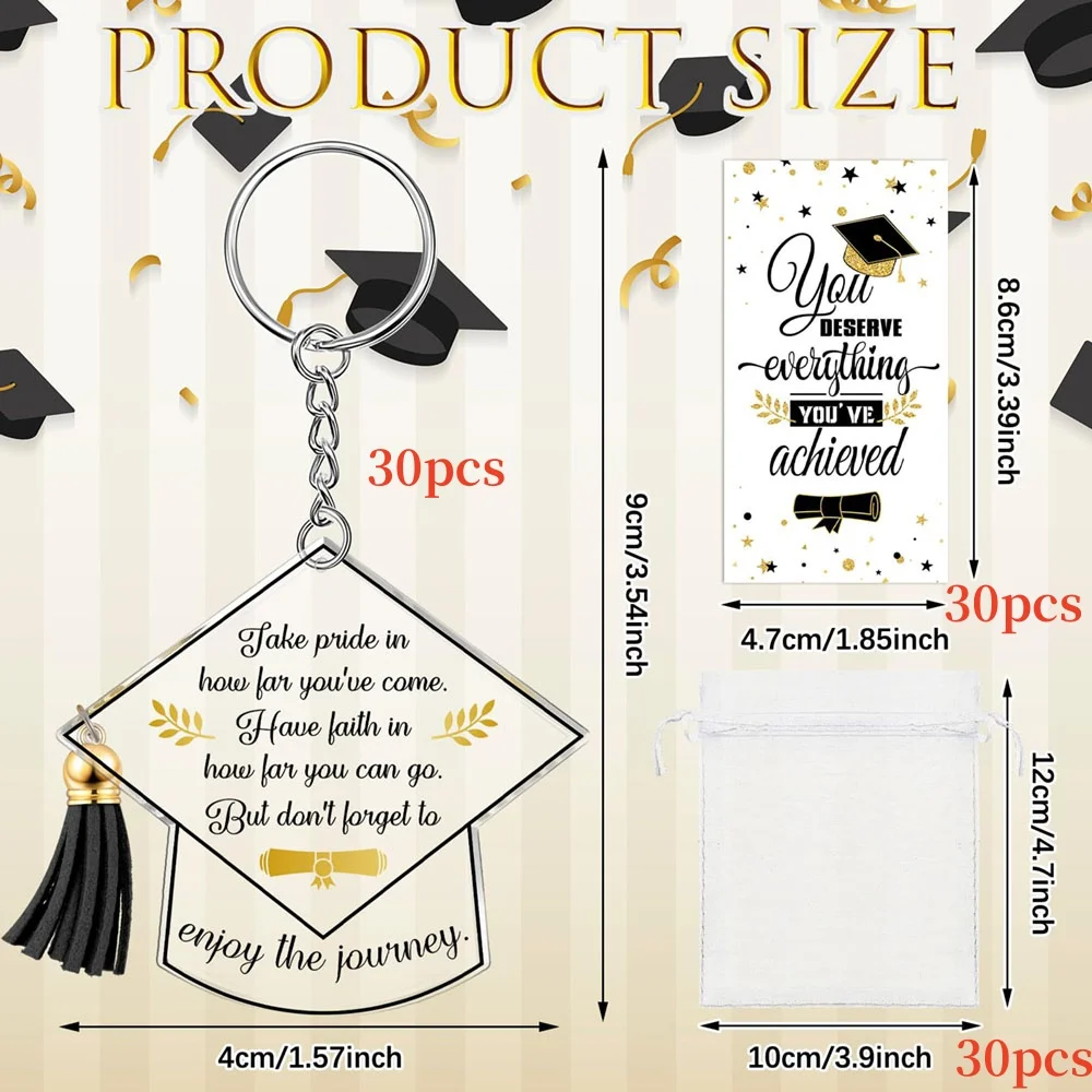 30 ชุด 2025 ของขวัญจํานวนมาก Graduation Party Favors ของขวัญหมวกสําเร็จการศึกษา Charms การ์ดแสดงความยินดี Organza กระเป๋าพวงกุญแจ