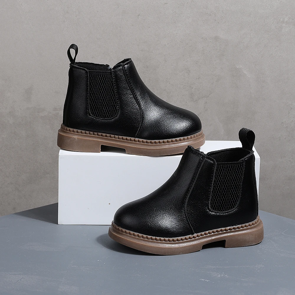 COMFY KIDS Toddler Black Leather Chelsea Ankle Boots, Soft Cushioned Non-Slip Rubber Sole Boys Girls Zipper Short Boots, Autumn