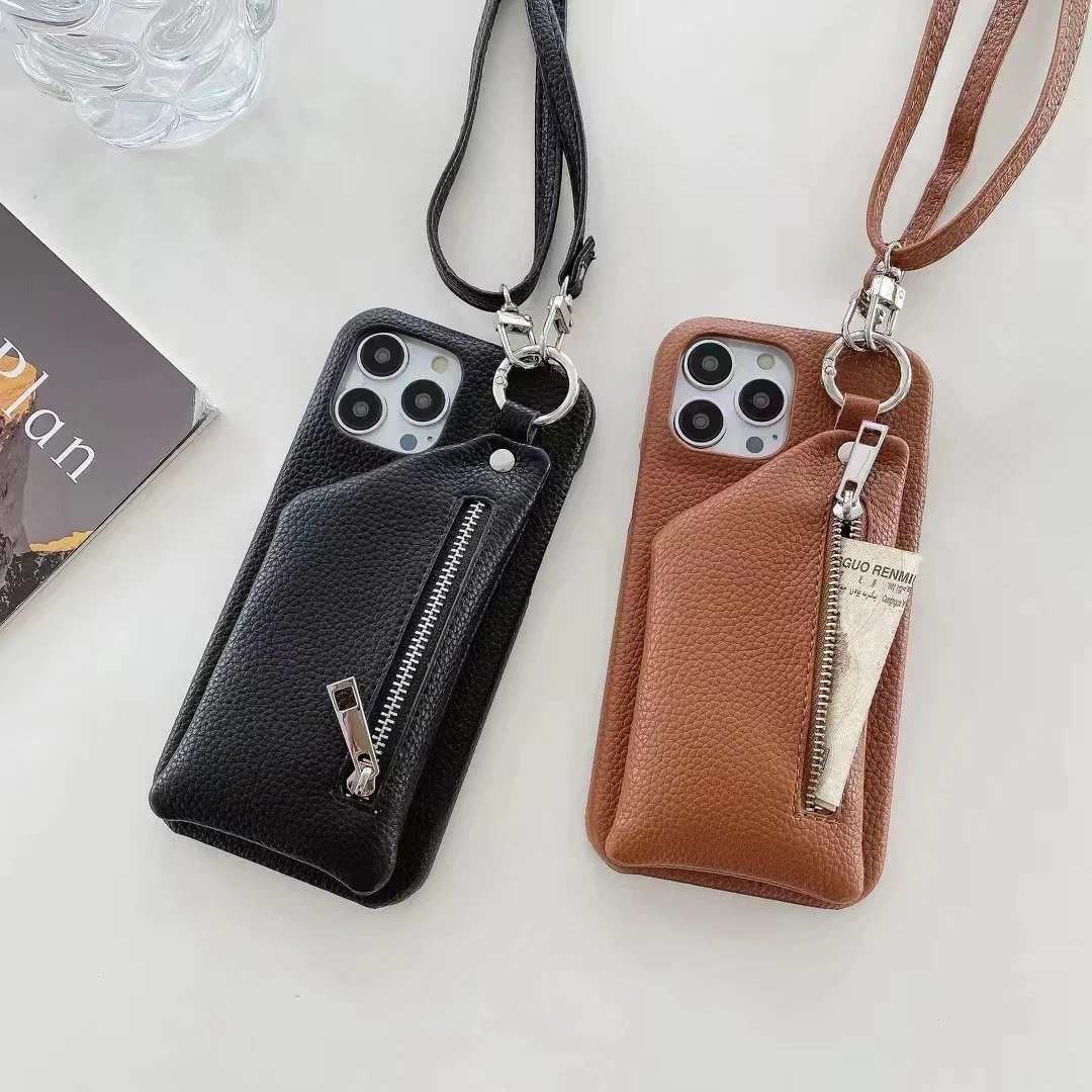 New for iPhone 14promax Pebbled Coin Phone Case 12 12Pro 13mini 11 Crossbody Card Holder XSMAX 7G Premium Quality Leather Cover