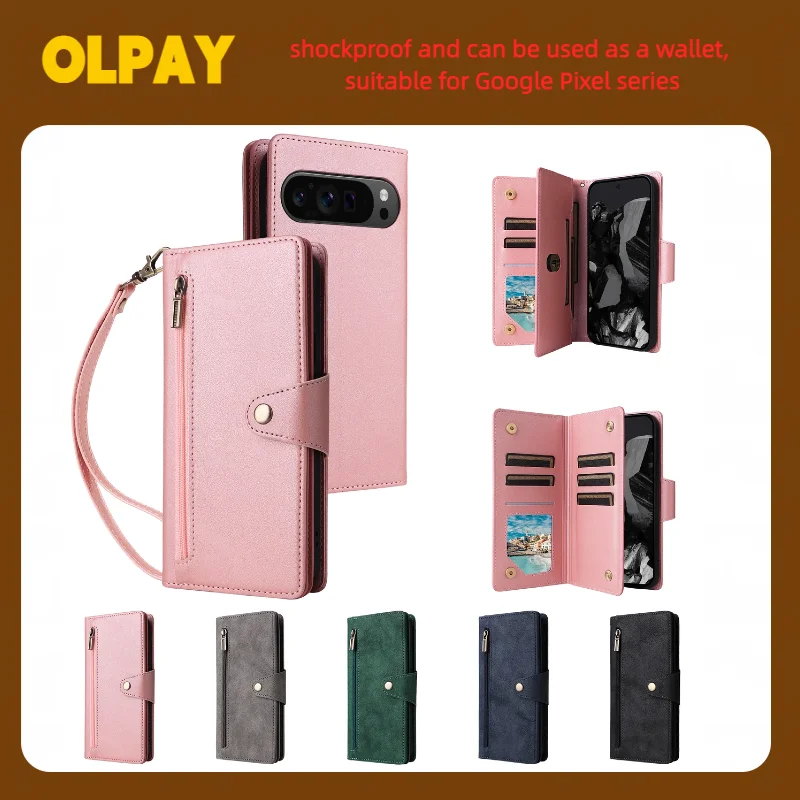 

OLPAY Magnetic Zipper Wallet Case For Pixel 10Pro XL 9 9A 8 7 6 Pixel 9Pro 8A 7A 6A 5A 5 4A 4XL With Card Holder,Cash Slots Case