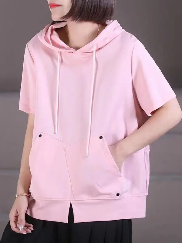 Grande taille décontracté femmes T-irt ort Sve sweat à capuche été ample minceur polyvalent haut à la mode coréen Sle trajet Faion