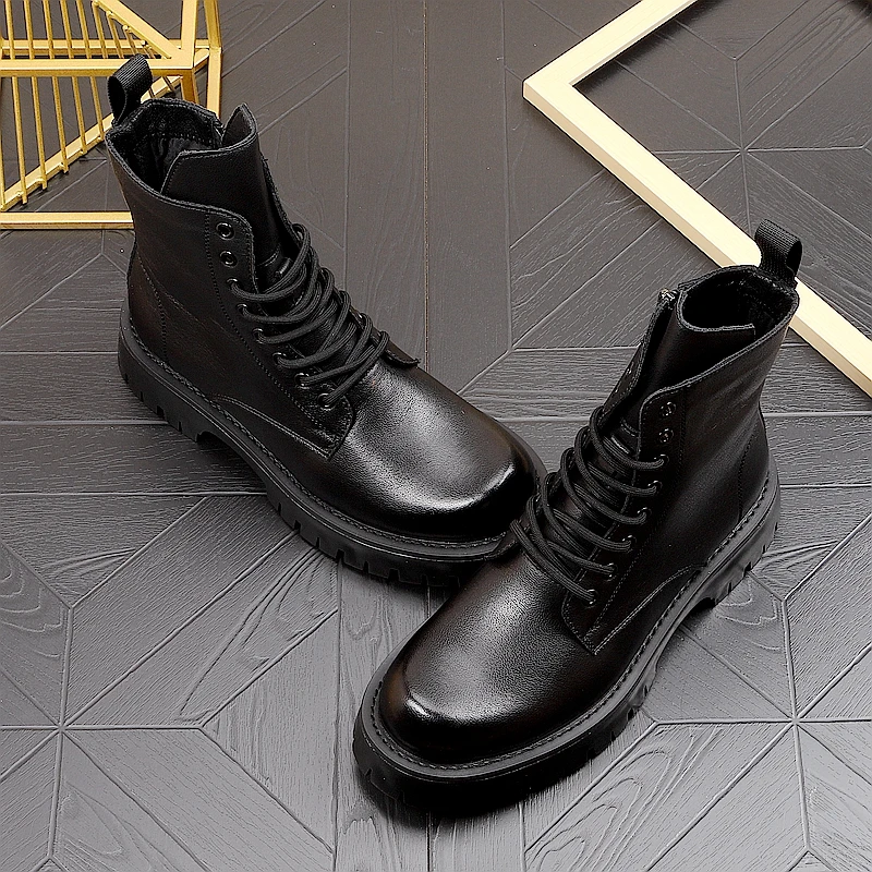 British style mens leisure genuine leather boots black trend high top shoes cowboy platform boot brand designer long botas male