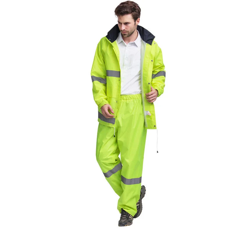 Mens Waterproof Reflective 150D Oxford Rainsuit with Conceale Hood Jacket and Trouser Set