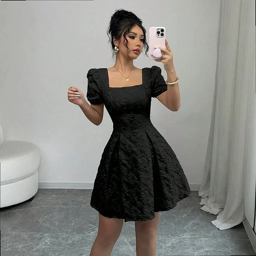 Elegant Square Neck Short Sleeve Bodycon Dress, Summer Dresses for Women, Fitted A-Line Mini Dress with Puff Sleeves