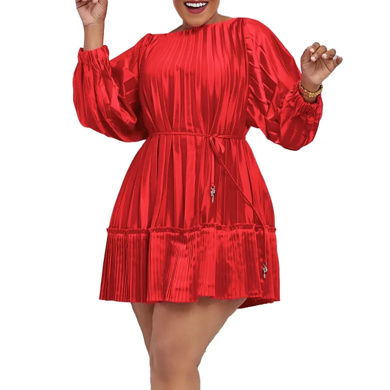 

African Pleated Dresses for Women Elegant Autumn African Long Sleeve Orange Red Blue White Polyester Party Evening Mini Dress