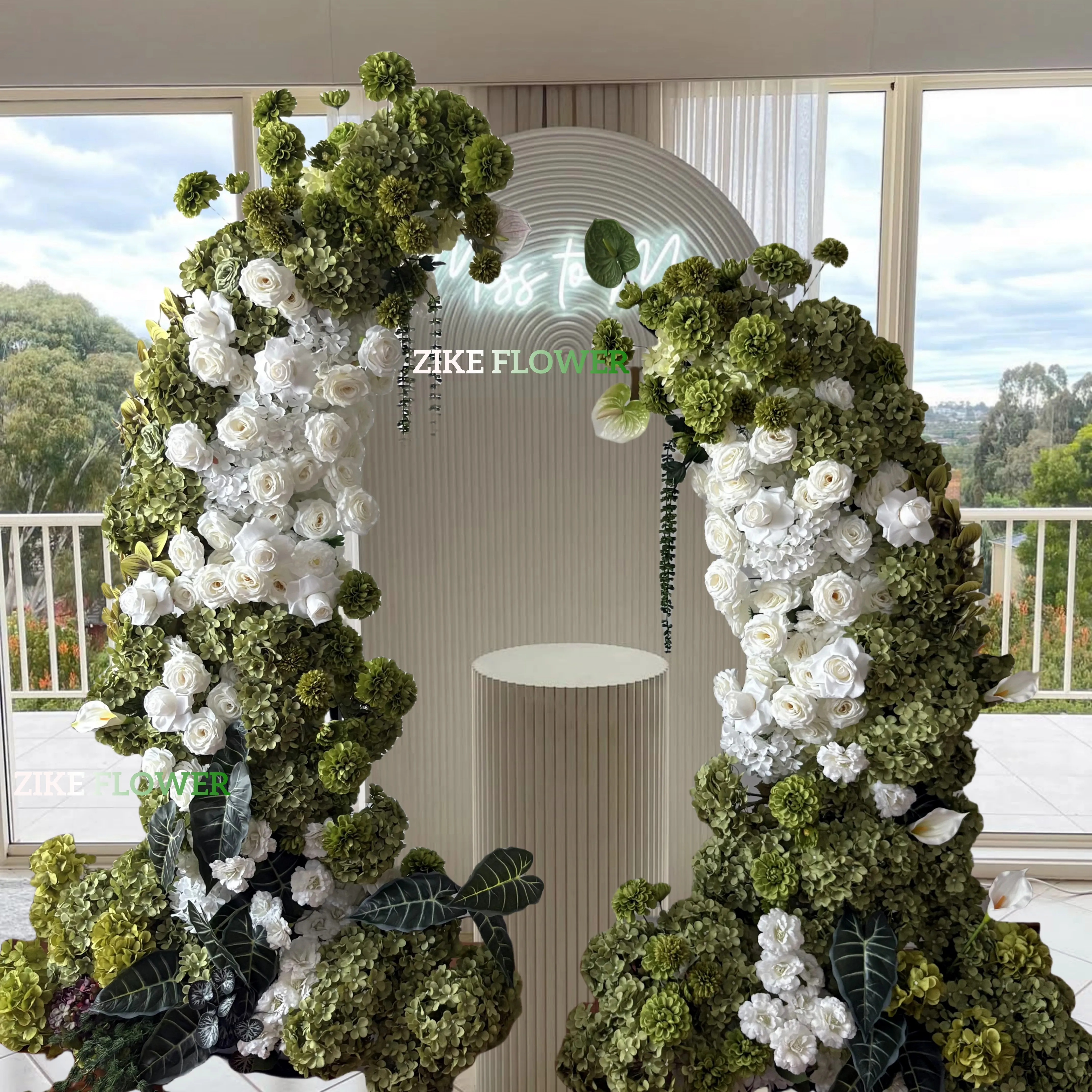 

White and Green Boho Wedding Backdrop with Arch Pillar Arbour Flowers Made of Roses and Hydrangea for Event Decoration