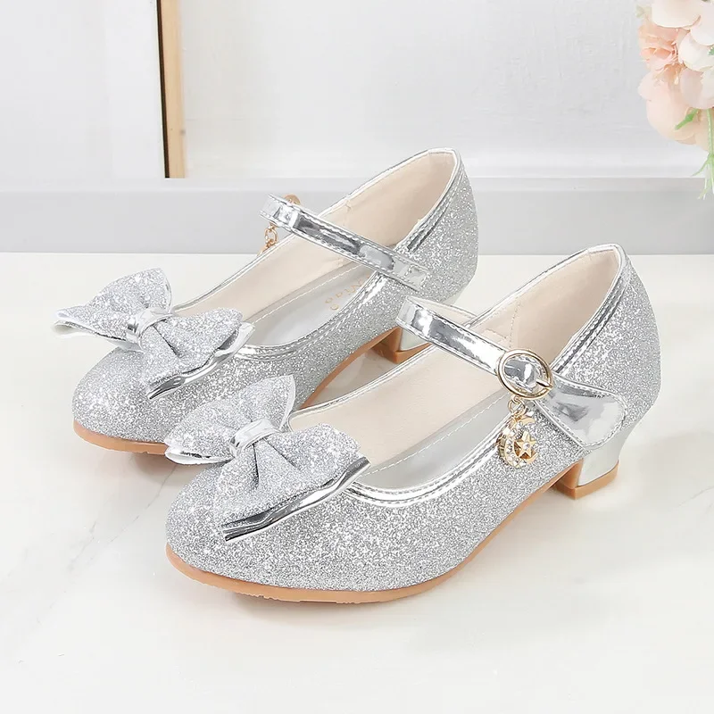 Sweet Kids Leather Shoe Spring Autumn Luxury Girl Shoes Solid Color Sequins Bowtie Children High Heels for Princess Party Causal