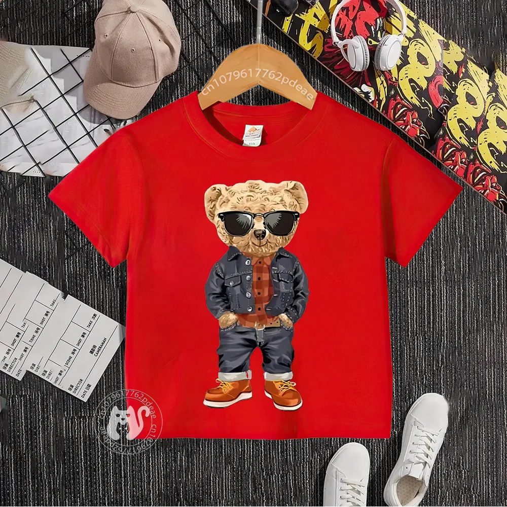 Teen Hip Hop style 100% cotton T-shirt Baby Baby Street Bear pattern round neck cotton T-shirt boys and girls casual children\'s