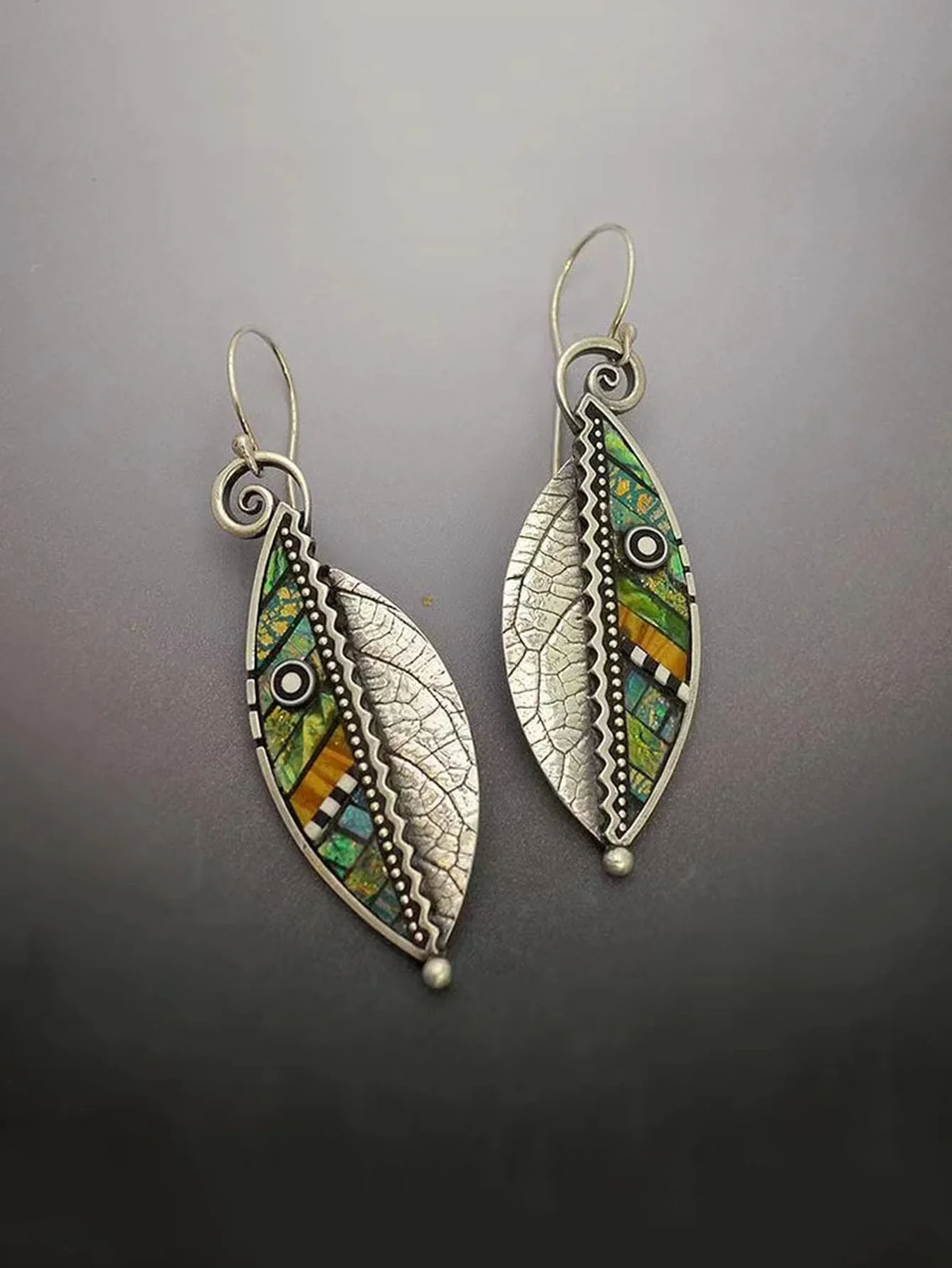 Bohemian Green Leaf Earrings for Women Ethnic Abstract Vintage Silver Color Drop Dangle Earring image 2
