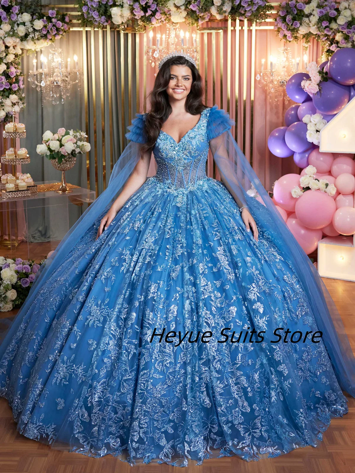 

Customized V-neckline Sequin Sparkling Chiffon Gown Quinceanera Dresse Luxury Senior Layered Ruffles Gown Vestidos De Novia