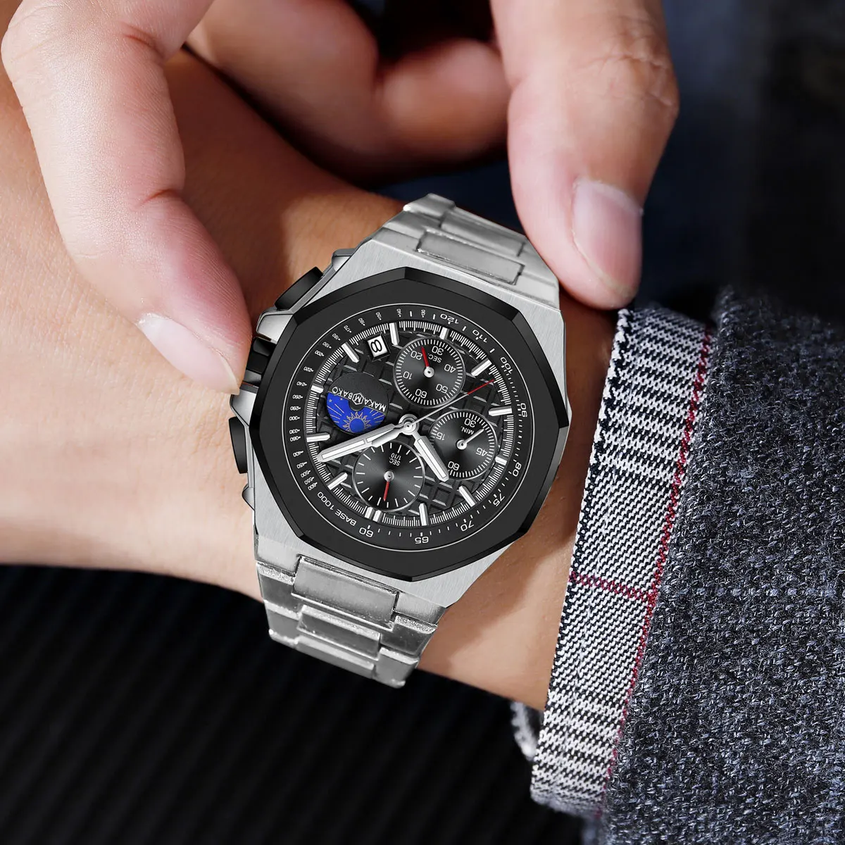 متعددة الوظائف الفاخرة الرجال ساعة موضة الأعمال الفولاذ المقاوم للصدأ حزام 43 مللي متر توقيت الطلب 3ATM مقاوم للماء ساعة رجالية reloj hombre