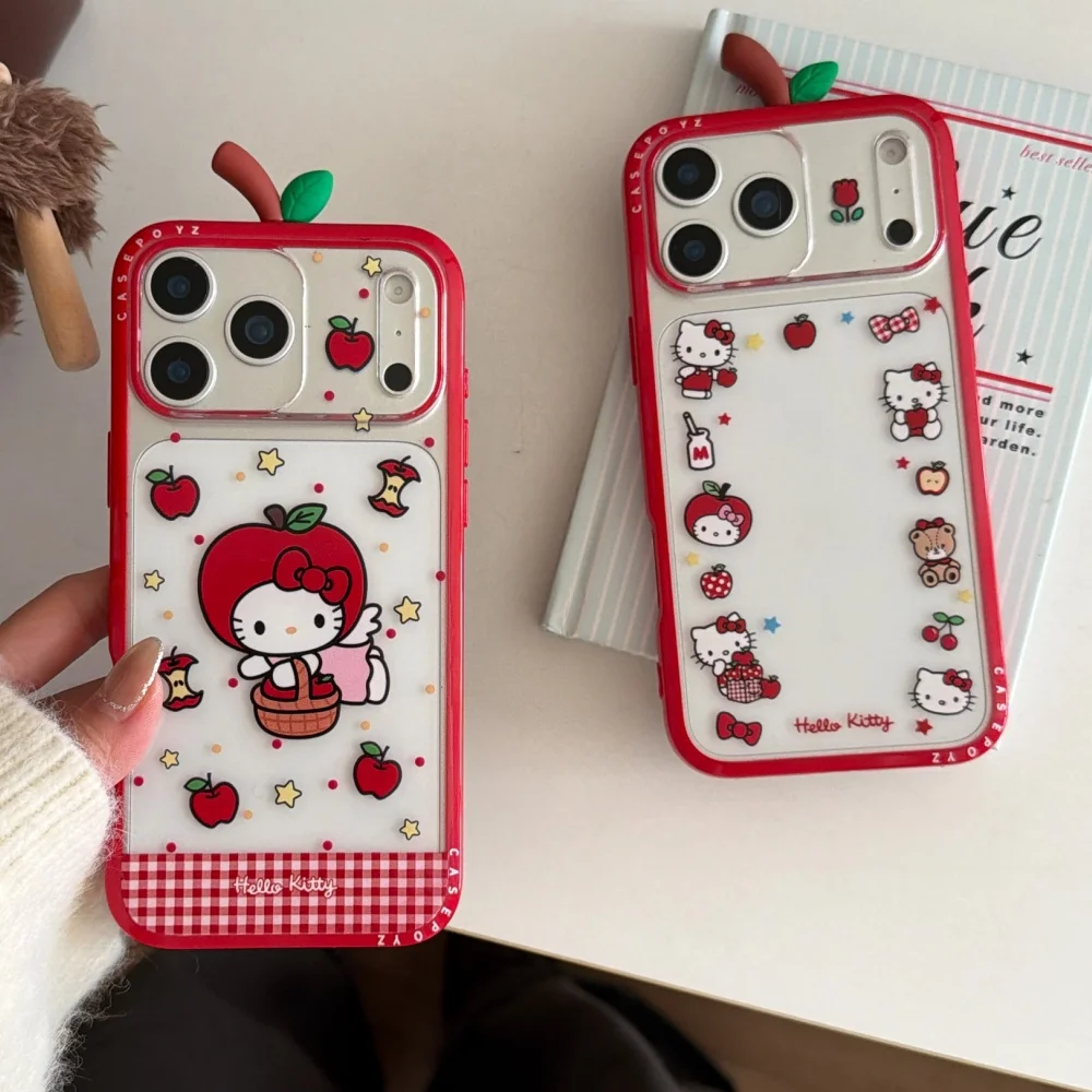 Cute Sanrio Hello Kitty Red Apple Print Phone Case Plaid Border Shockproof Clear Protective Cover For iPhone 16 15 14 17 Pro Max
