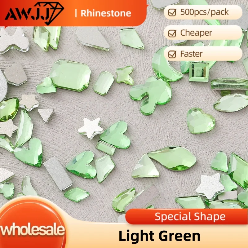

500pcs Shiny Light Green Nail Diamonds: High Quality Diverse Shapes Precision Cutting Nail Art Rhinestone Eco-Friendly & Safe